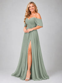 Off Shoulder Chiffon Bridesmaid Dress with Slit