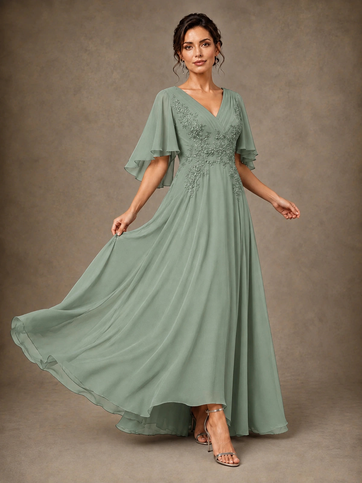 V-Neck Chiffon Lace Mother of the Bride Dress with Flutter Sleeves