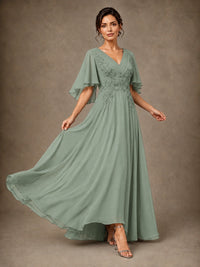 V-Neck Chiffon Lace Mother of the Bride Dress with Flutter Sleeves