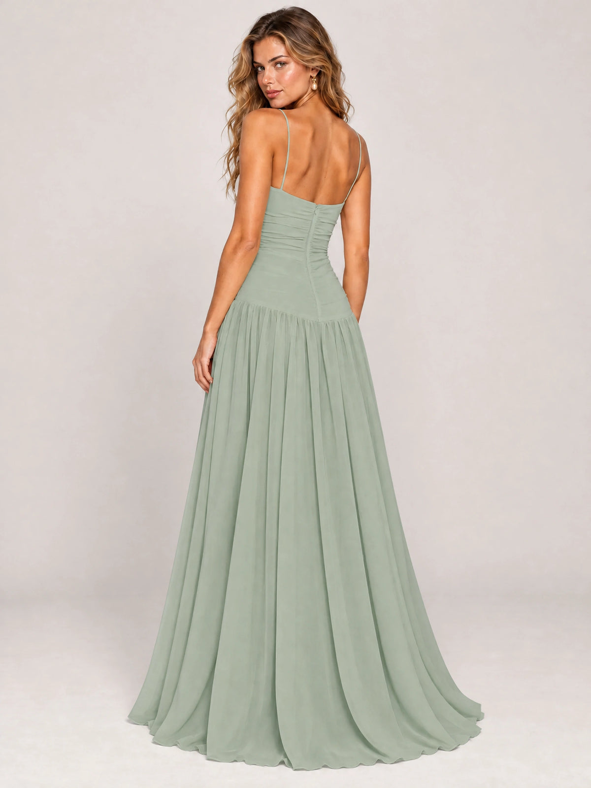 Butter Yellow Ruched Spaghetti Strap Drop-Waist Prom Dress
