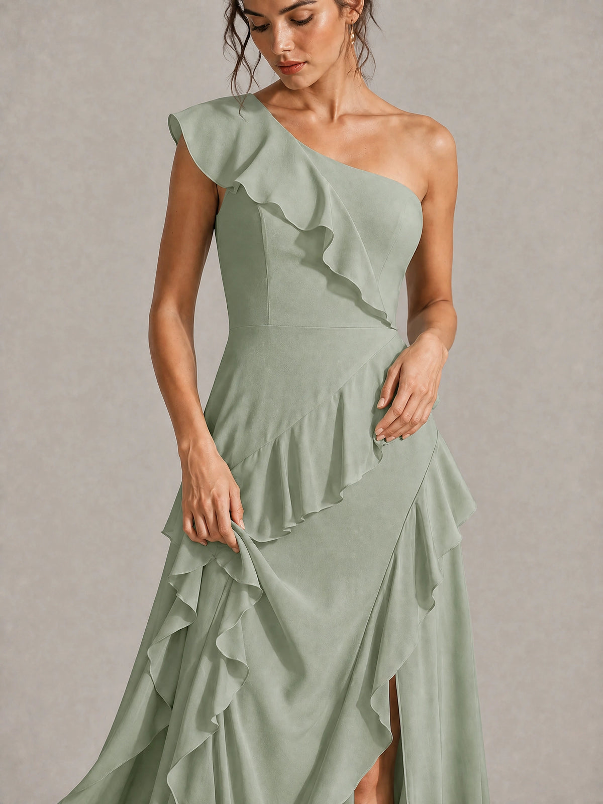 Sage Green One Shoulder Ruffle Bridesmaid Dress