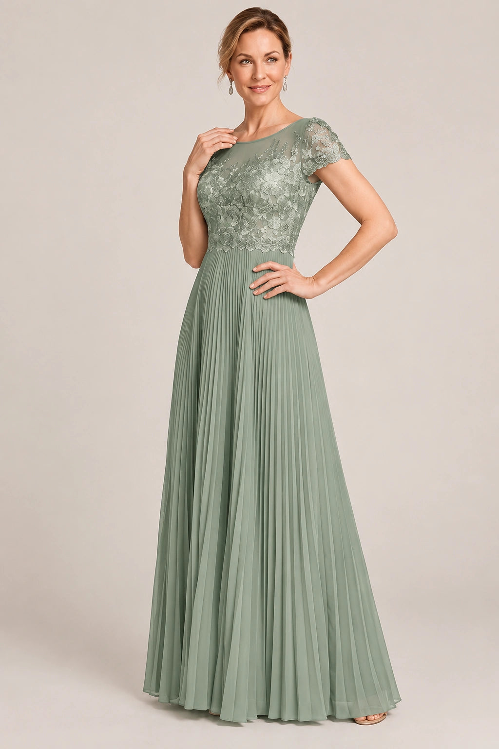 Embroidered Lace Pleated Mother of the Bride Dress