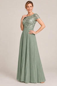 Embroidered Lace Pleated Mother of the Bride Dress