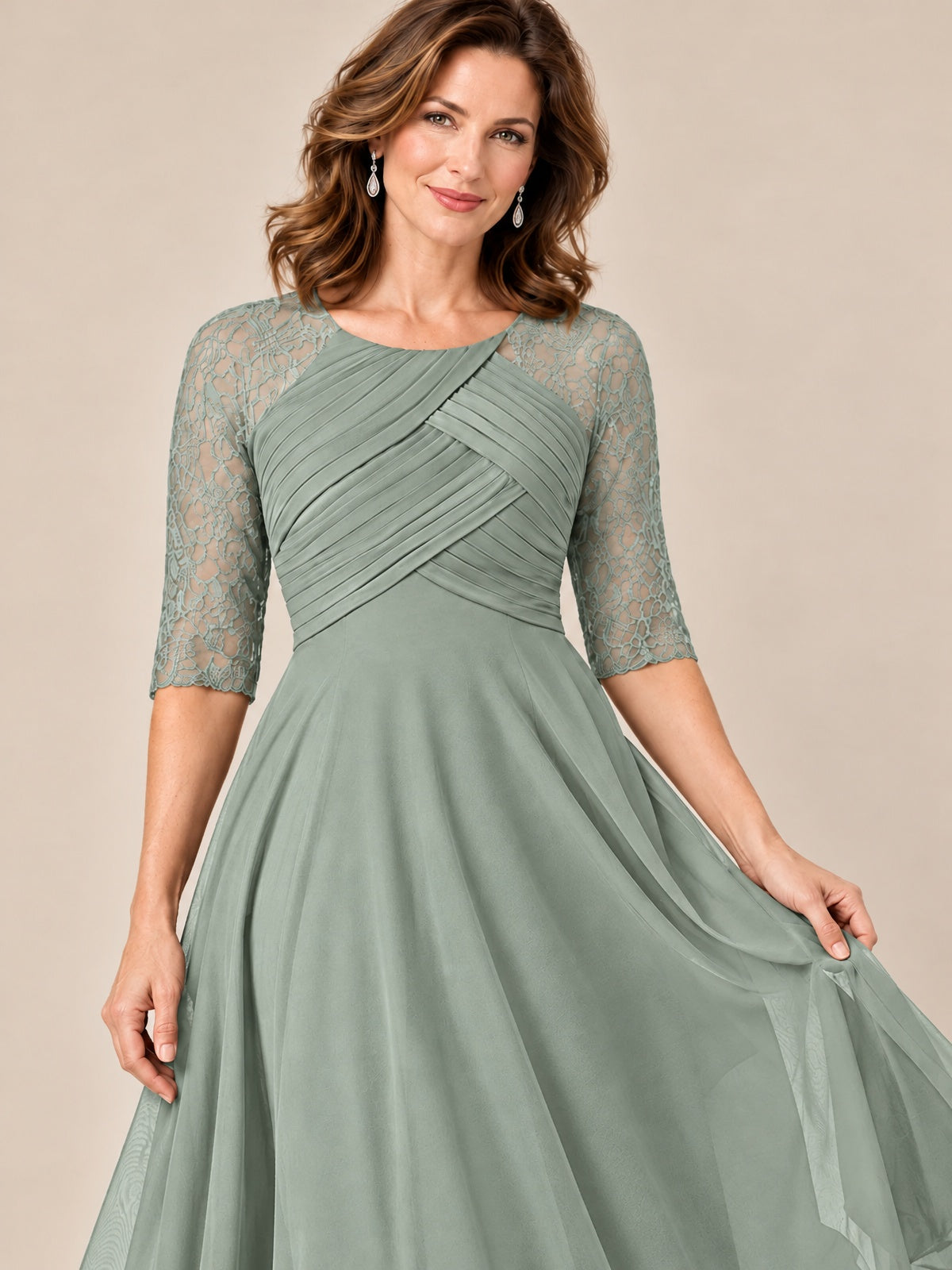 Tea-Length Mother of the Bride Dress with Lace 3/4 Sleeves