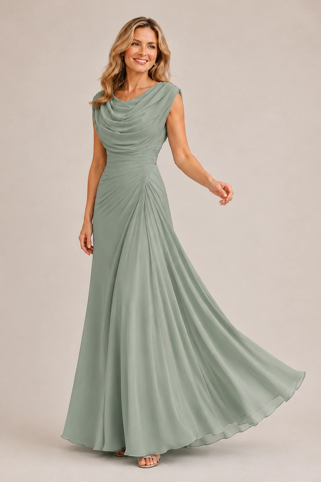 Cowl Neck Ruched Chiffon Mother of the Bride Dress