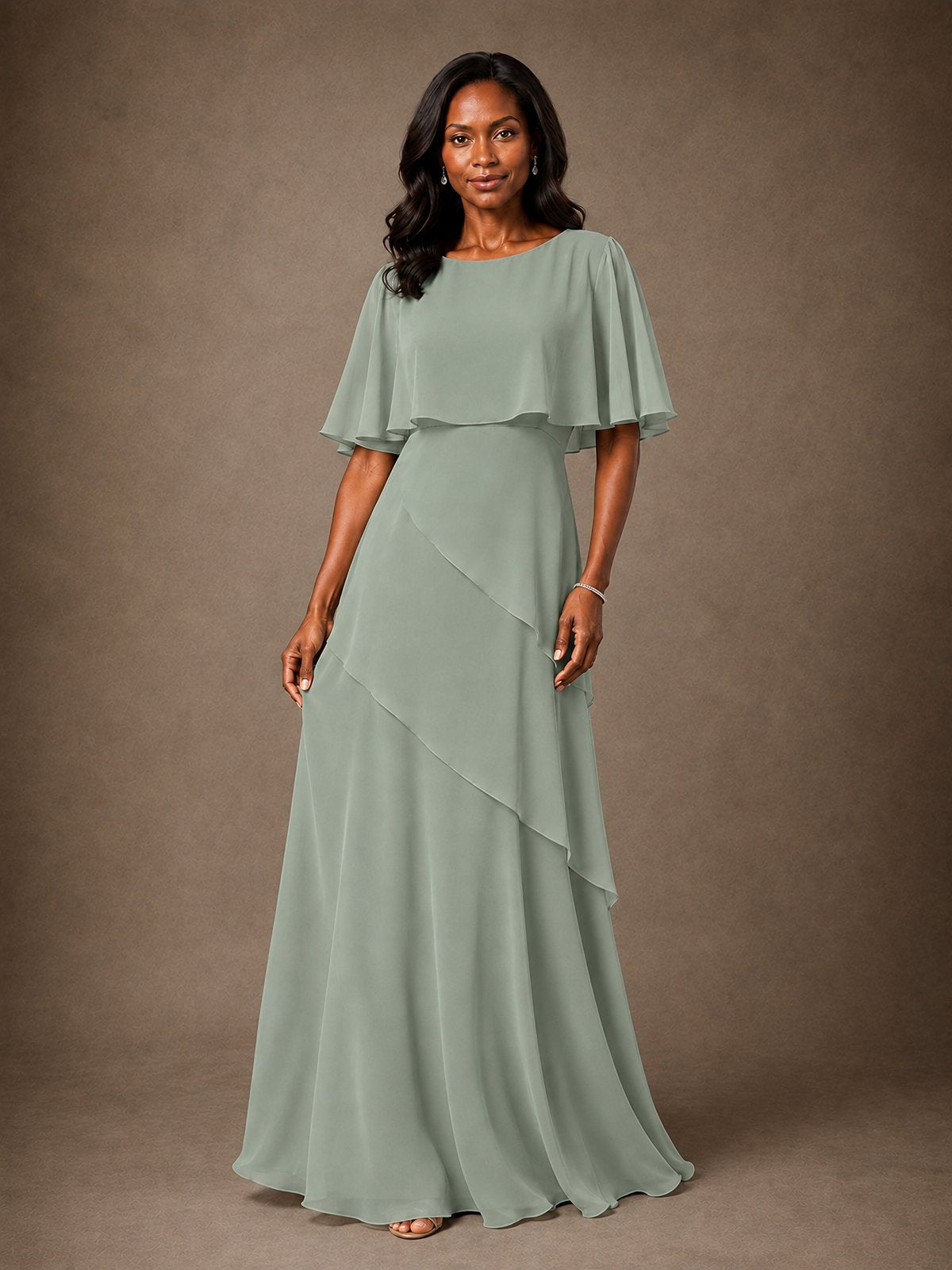 Taupe Chiffon A-Line Mother of the Bride Dress with Cape Sleeves