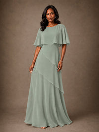 Taupe Chiffon A-Line Mother of the Bride Dress with Cape Sleeves