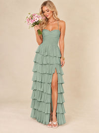 Ruffled Tiered Chiffon Prom Dress Spaghetti Straps Formal Maxi Dress with Slit