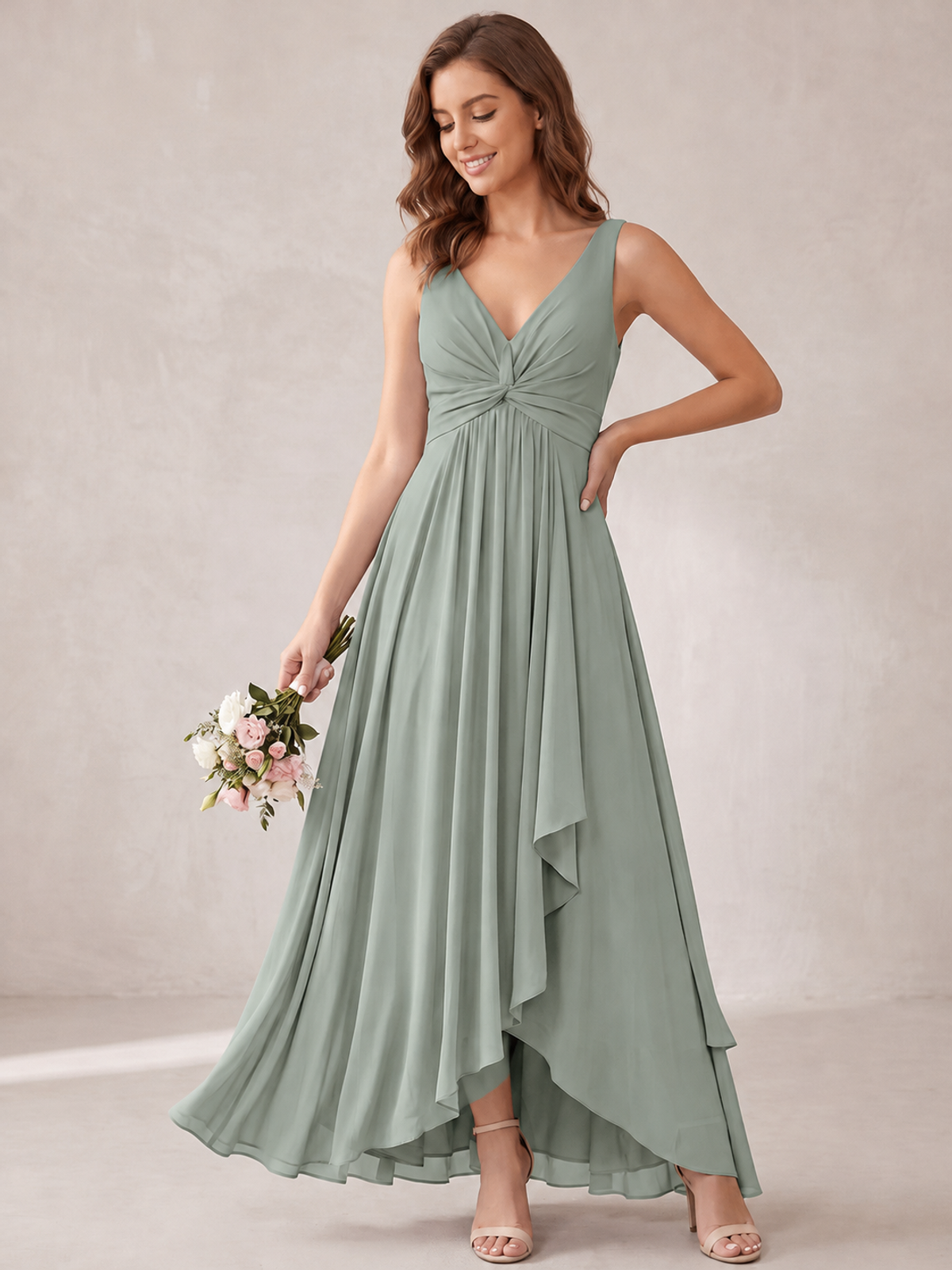 V-Neck High-Low Chiffon Bridesmaid Dress with Ruffles