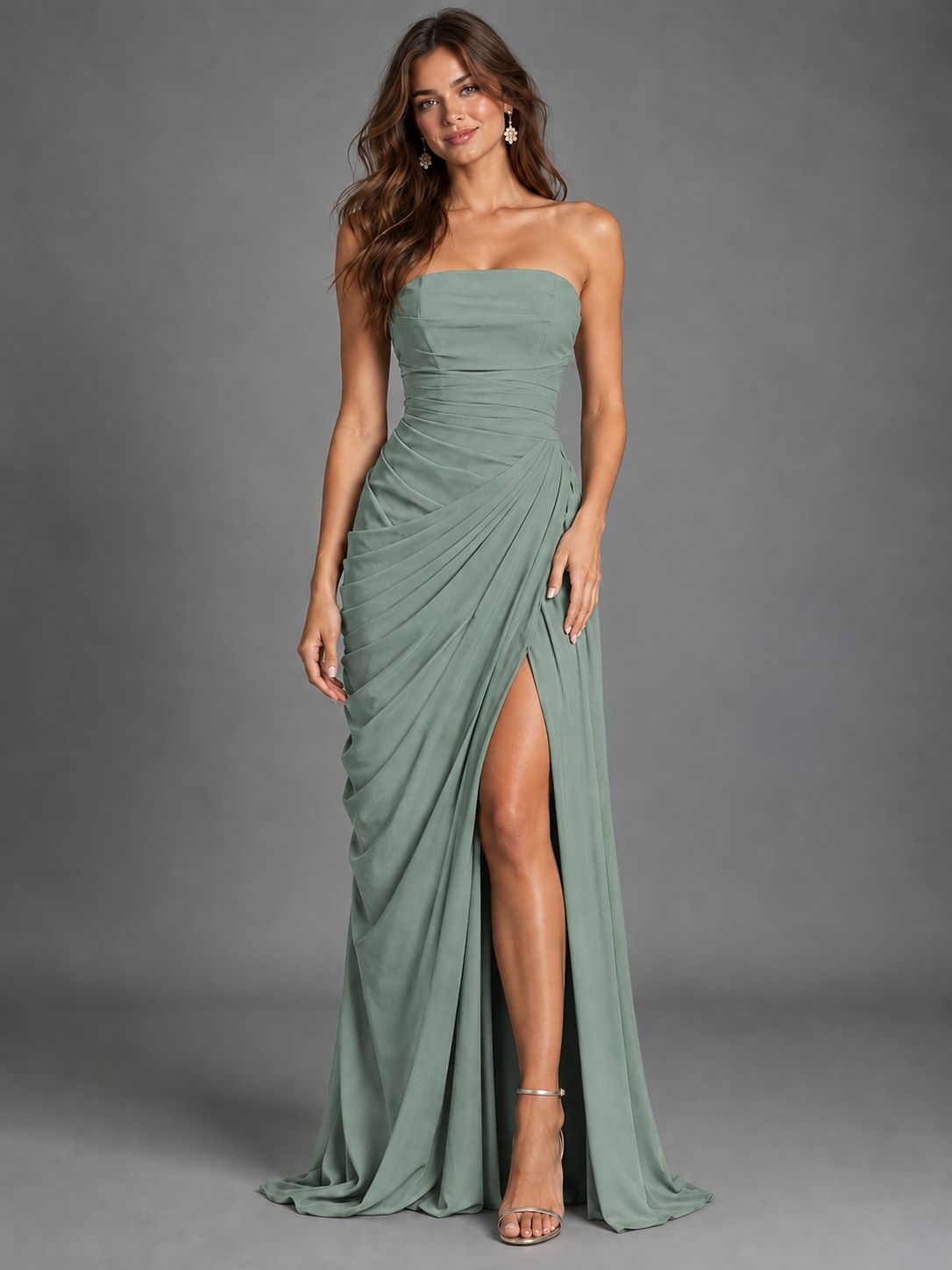 Strapless Bodycon Pleated Chiffon Formal Dress with Slit