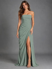 Strapless Bodycon Pleated Chiffon Formal Dress with Slit