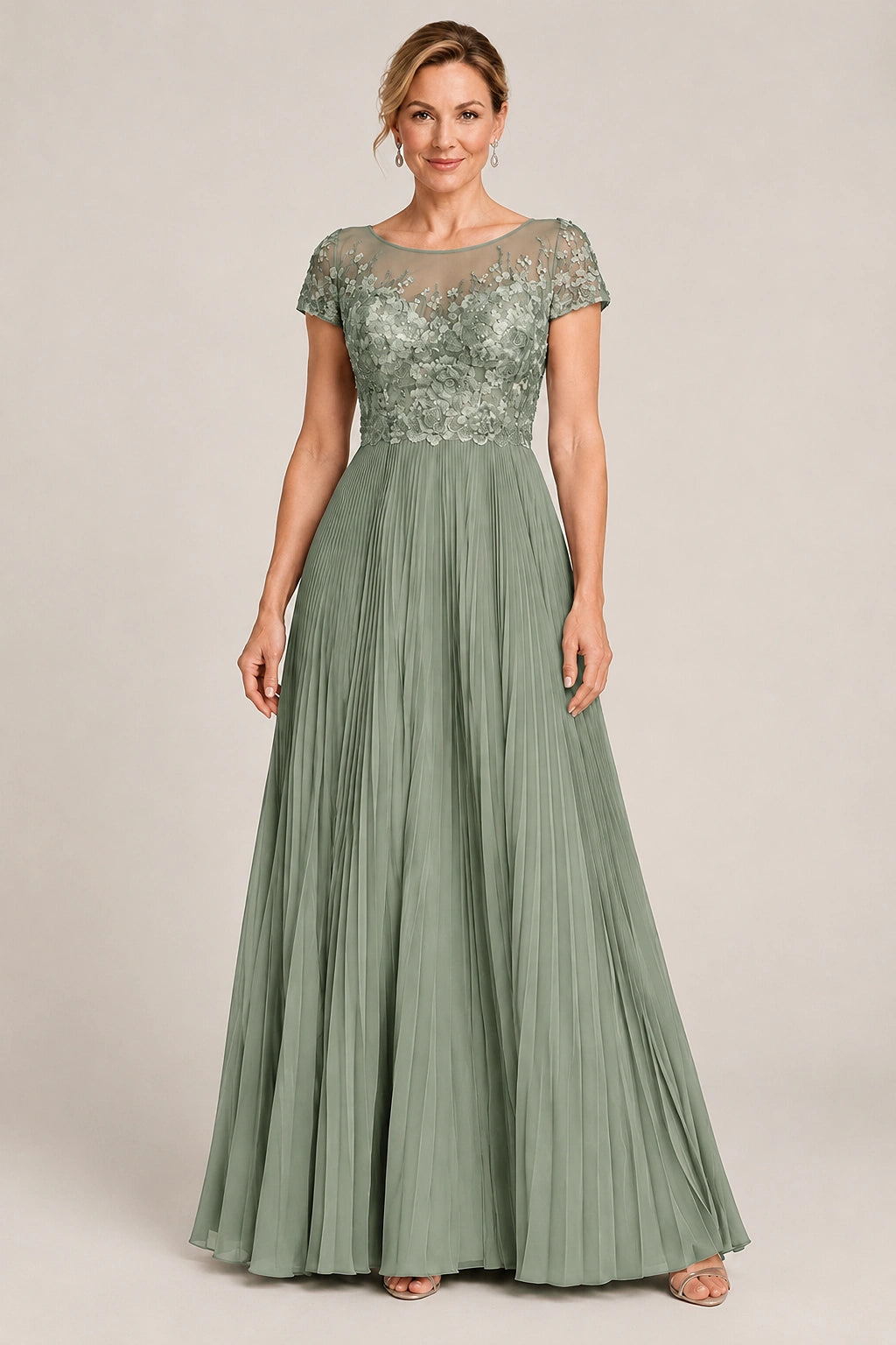 Embroidered Lace Pleated Mother of the Bride Dress