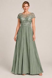 Embroidered Lace Pleated Mother of the Bride Dress