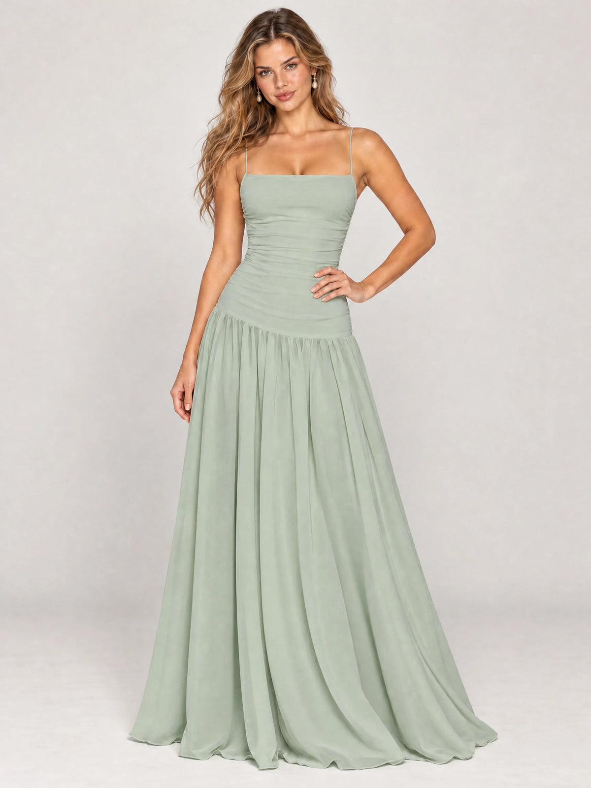 Butter Yellow Ruched Spaghetti Strap Drop-Waist Prom Dress