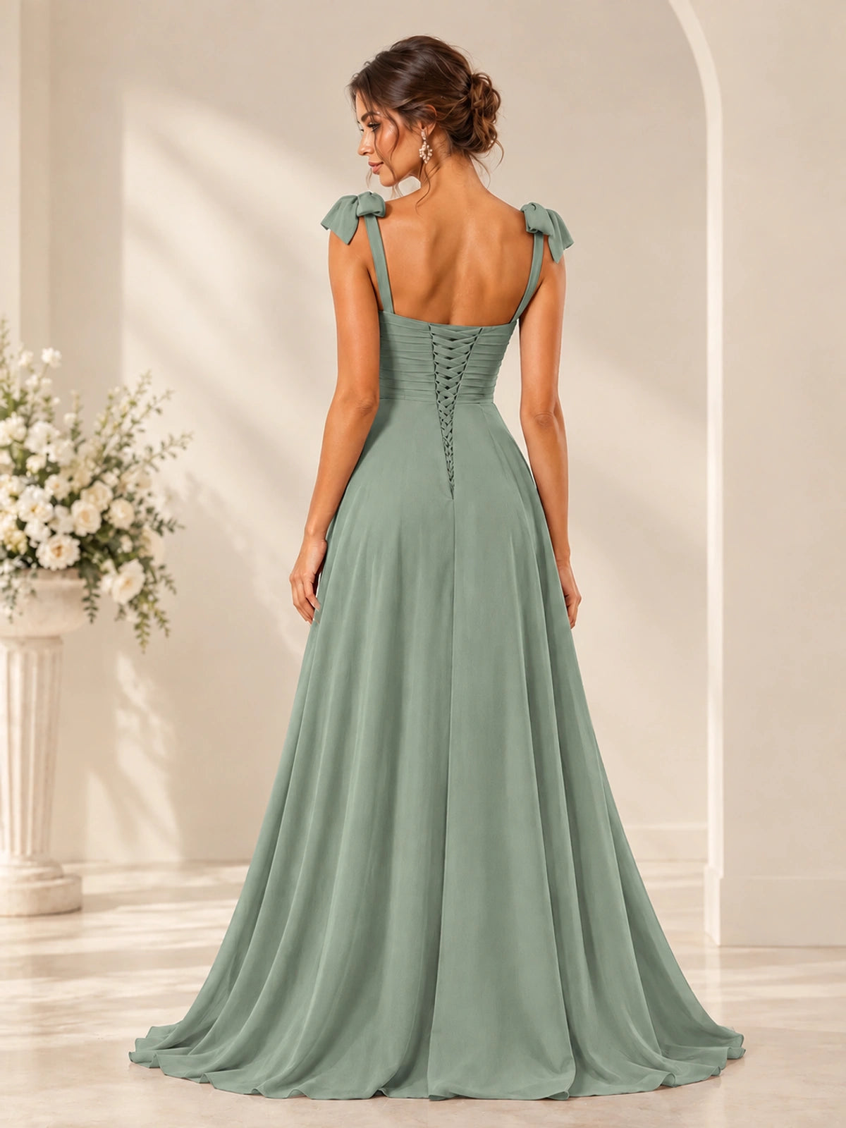 Ruffle Slit Chiffon A Line Scoop Neck Bridesmaid Dresses with Pockets