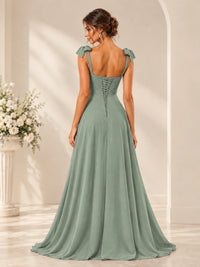 Ruffle Slit Chiffon A Line Scoop Neck Bridesmaid Dresses with Pockets
