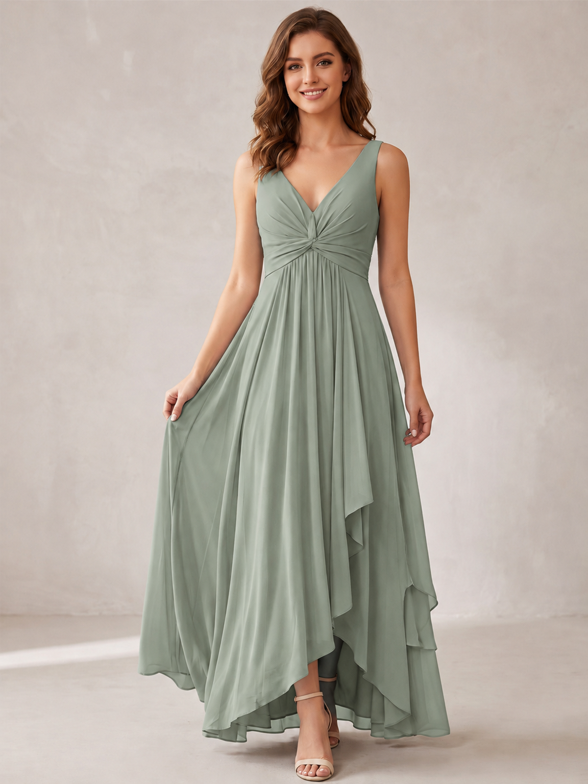 V-Neck High-Low Chiffon Bridesmaid Dress with Ruffles