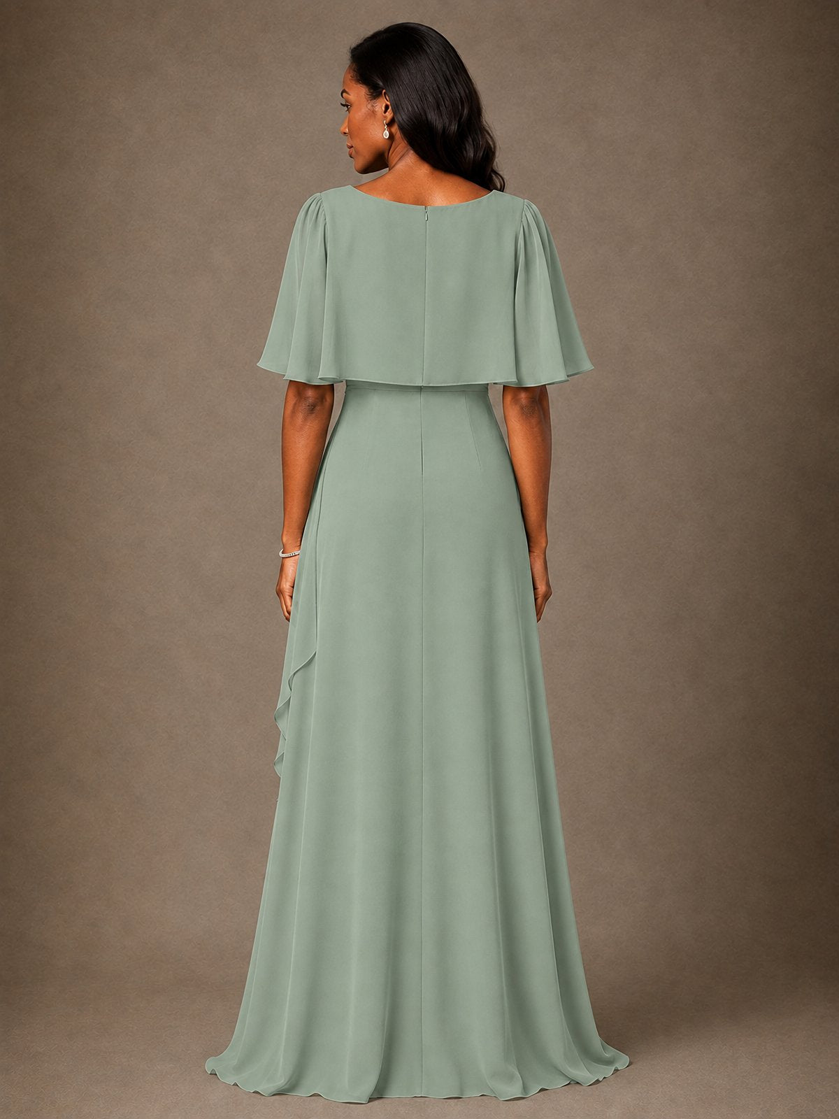 Taupe Chiffon A-Line Mother of the Bride Dress with Cape Sleeves