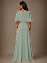 Taupe Chiffon A-Line Mother of the Bride Dress with Cape Sleeves
