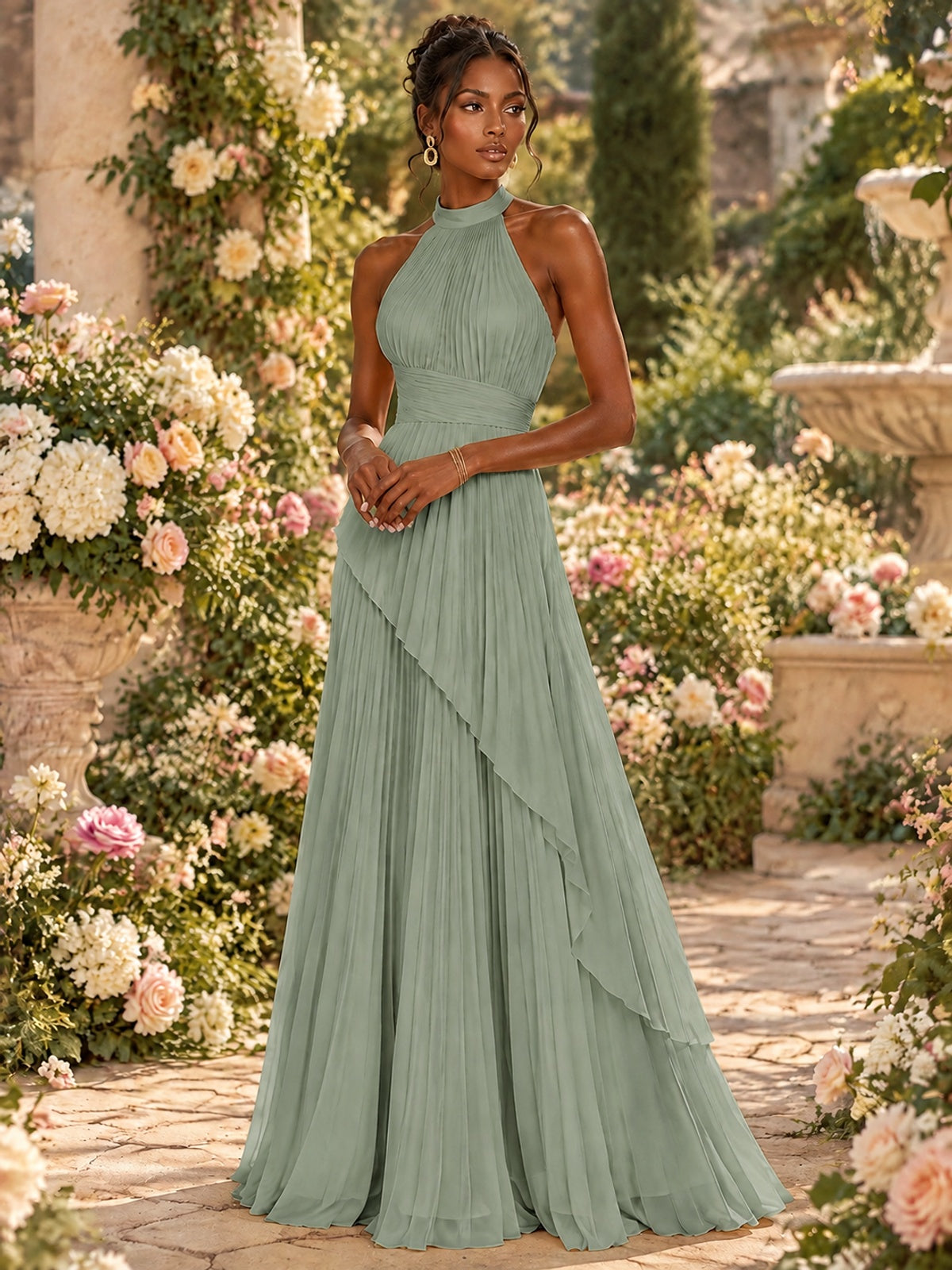 Wrap Pleated Prom Dress Halter A-line Chiffon Formal Wedding Dress