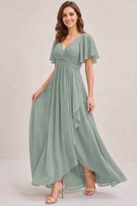 Dusty Blue Chiffon Bridesmaid Dress with Flutter Sleeves & High-Low Hem