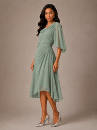 Cowl Neck Ruched Chiffon Mother of the Bride Dresses with Flutter Sleeves