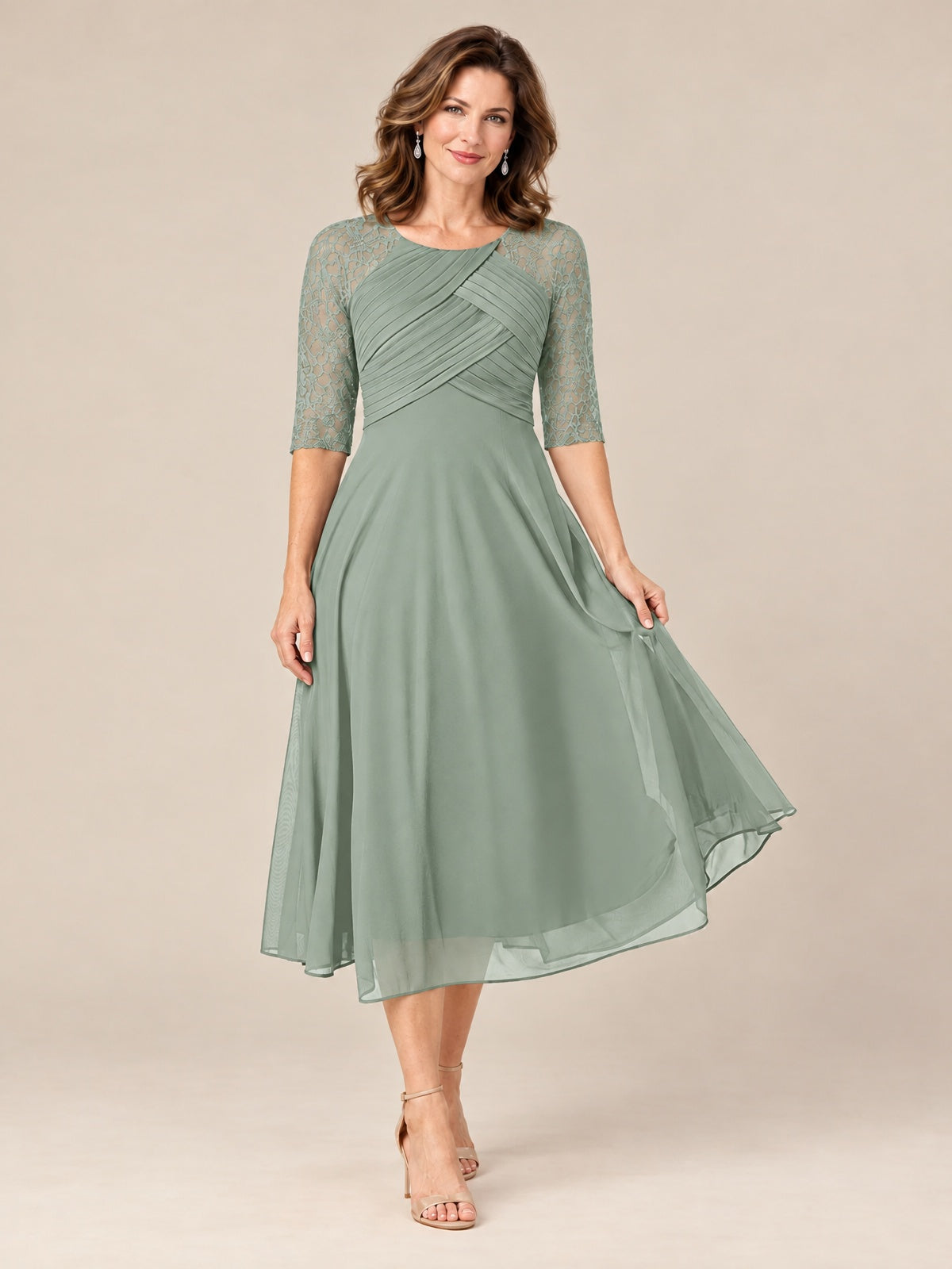 Tea-Length Mother of the Bride Dress with Lace 3/4 Sleeves