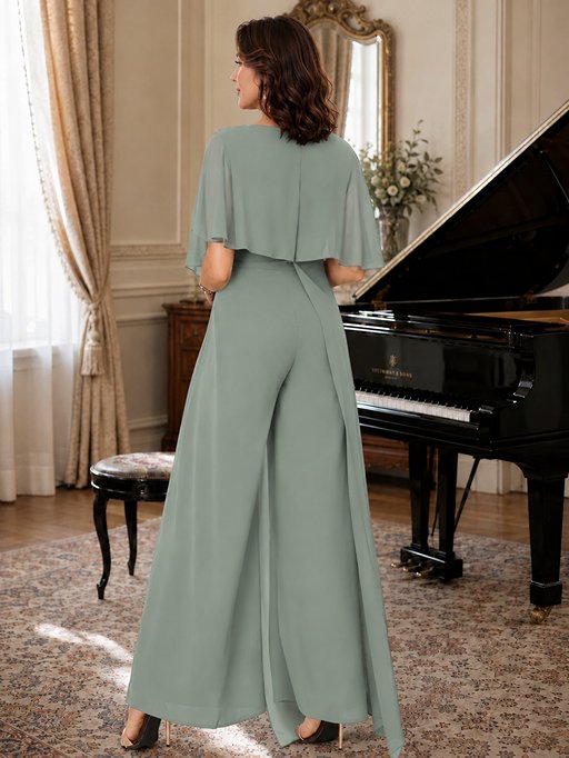 Chiffon Mother of the Bride Jumpsuit with Layered Cape Sleeves