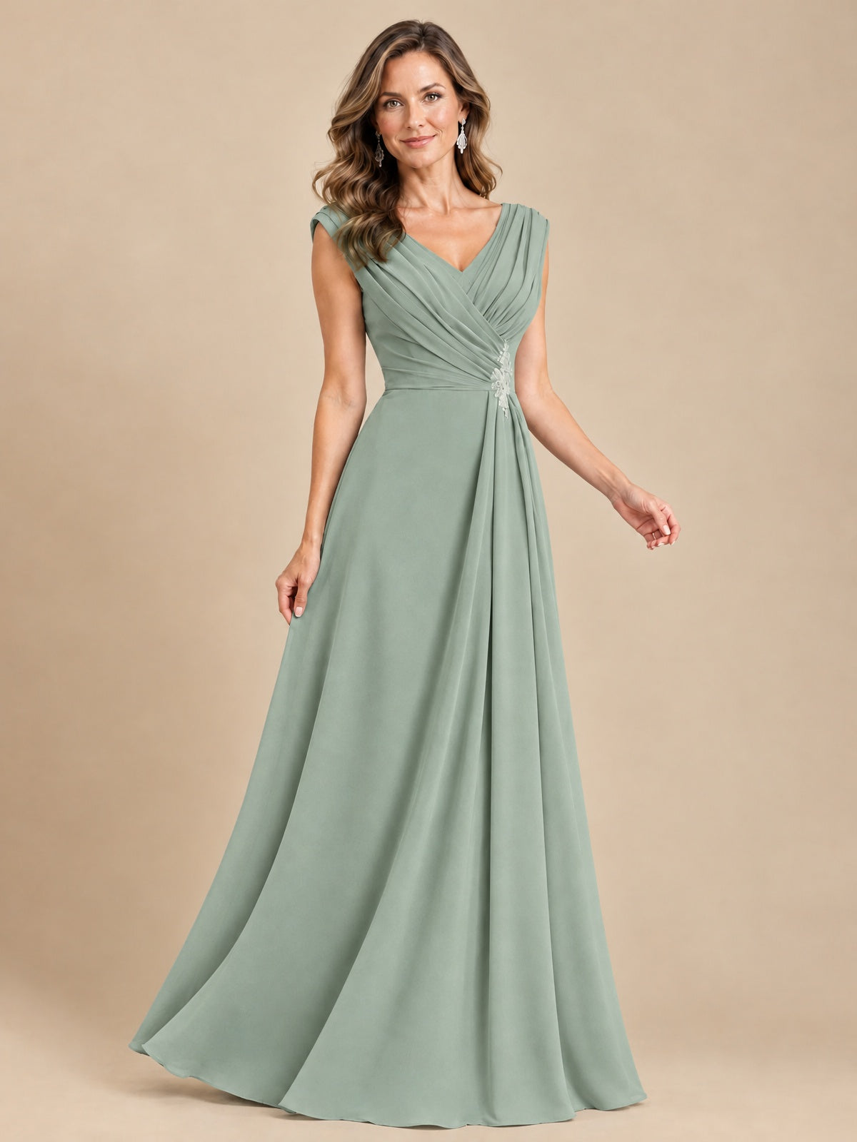 V Neck Pleated Mother of The Bride Dresses with Beading Cap Sleeves