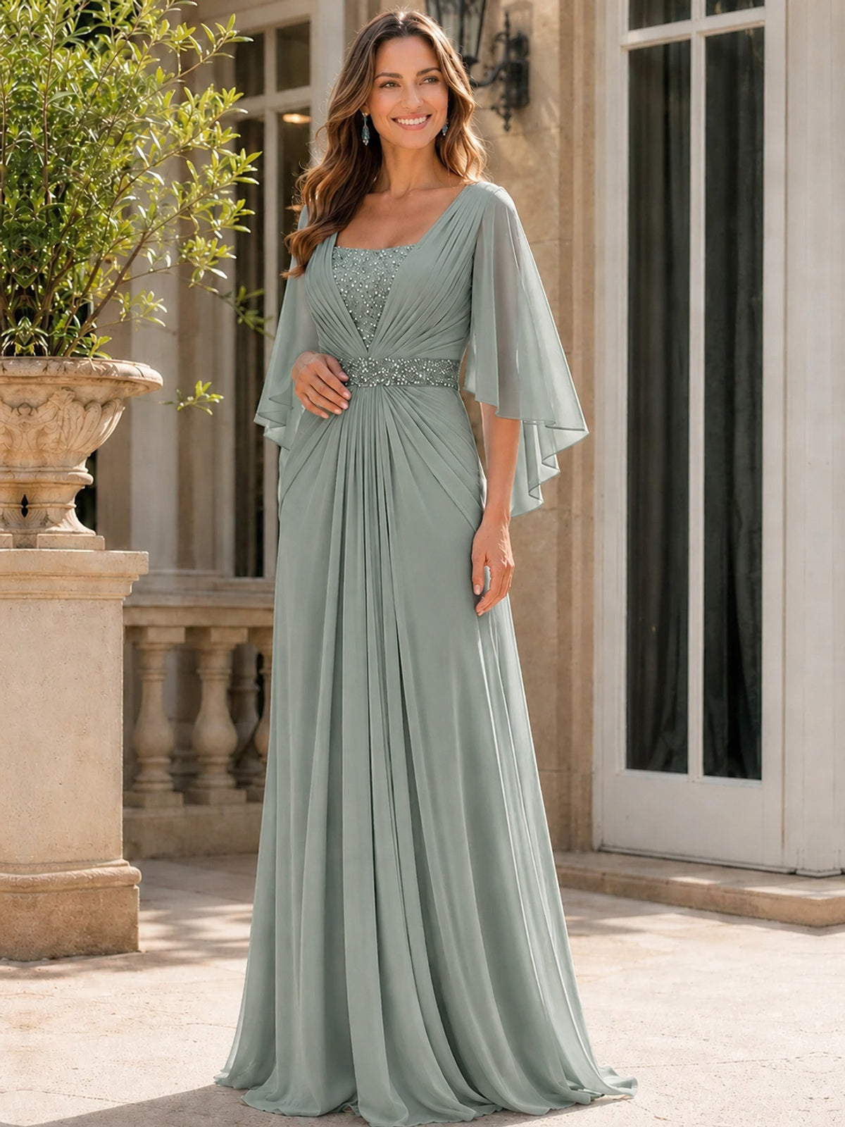 Elegant V-Neck Sequined Chiffon Mother of the Bride Dress with Flutter Sleeves