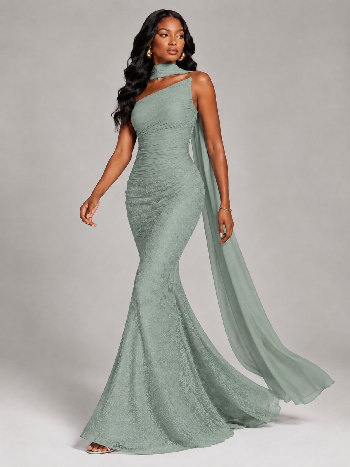 Pleated Chiffon Lace Prom Dresses Long Bodycon Mermaid with Scarf