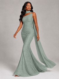 Pleated Chiffon Lace Prom Dresses Long Bodycon Mermaid with Scarf