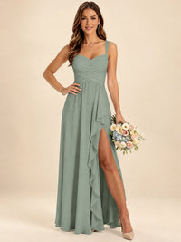 Spaghetti Straps Pleated Chiffon Bridesmaid Dress with Ruffle Slit