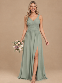 Pleated Chiffon V Neck Wedding Bridesmaid Dresses Floor Length with Slit