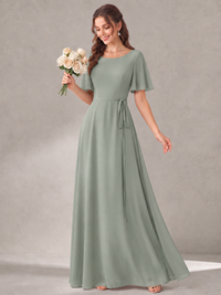 Scoop Neck A-line Chiffon Bridesmaid Dress with Flutter Sleeve & Belt