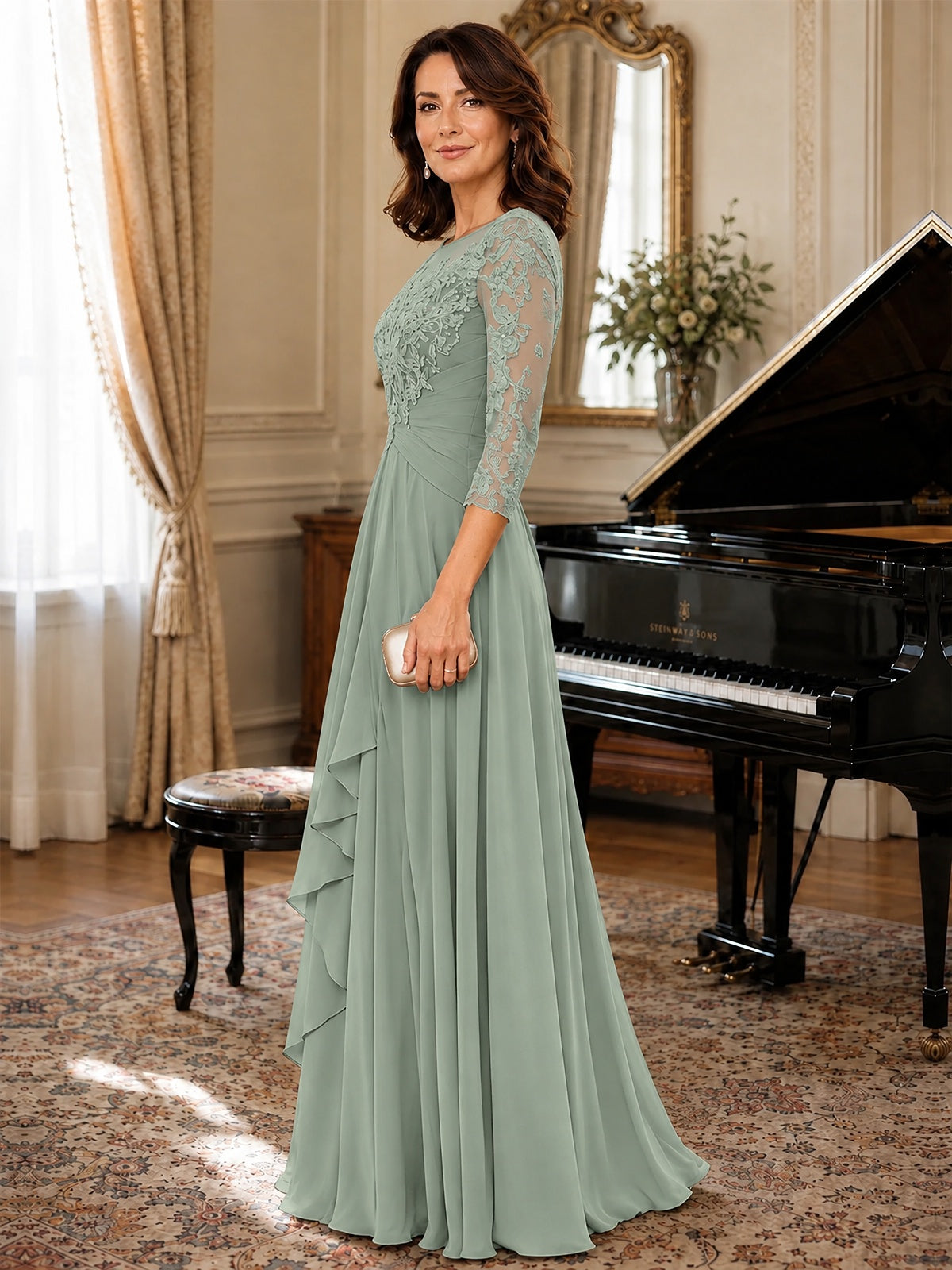 A-Line Chiffon Mother of the Bride Dress with Floral Applique 3/4 Sleeves
