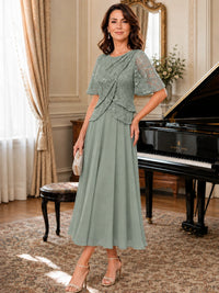 Tea-Length Chiffon Mother of the Bride Dress with Sequin Lace Sleeves