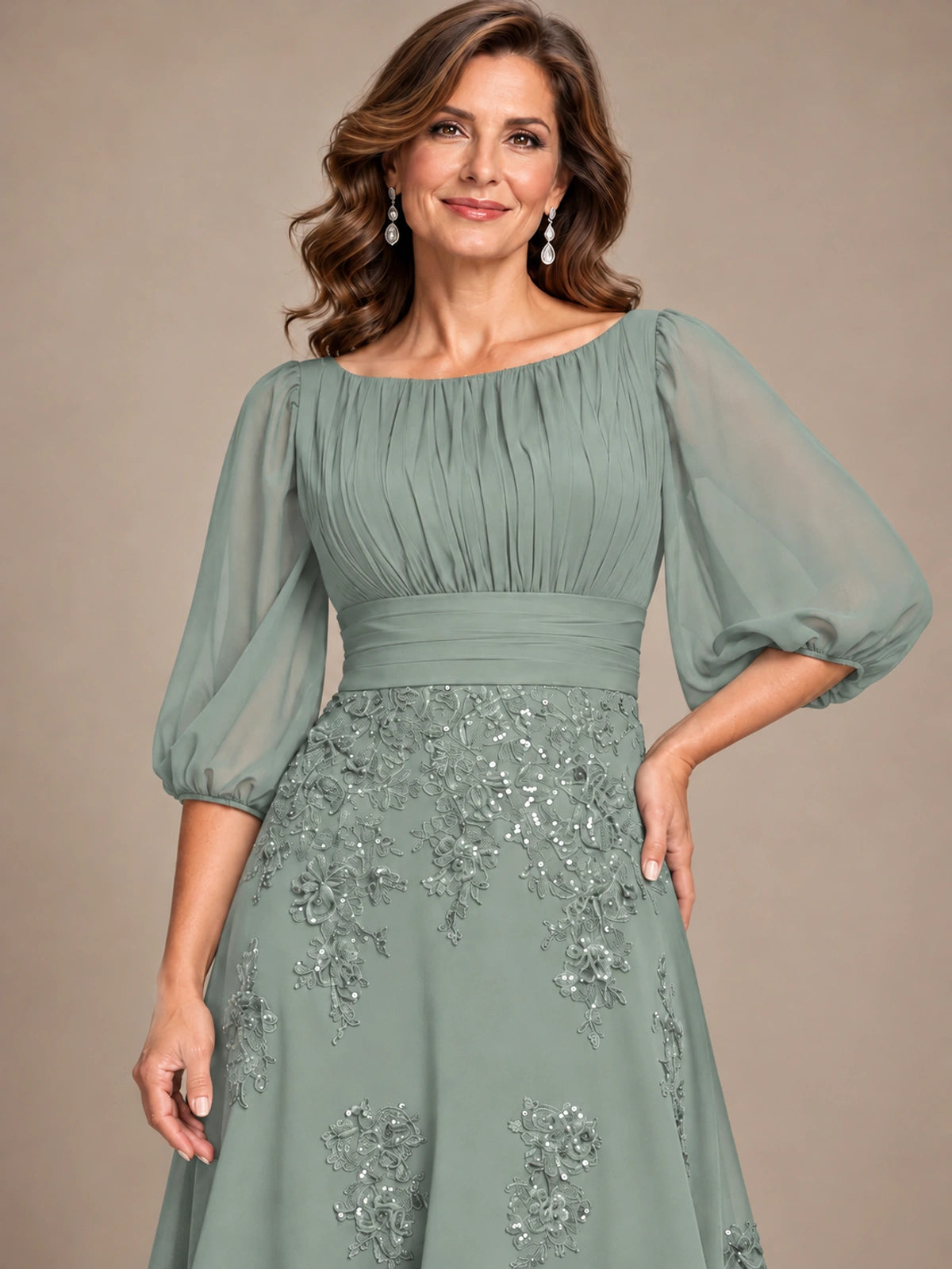 A-Line Mother of the Bride Dress with Sheer Puff Sleeves