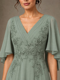 V-Neck Chiffon Lace Mother of the Bride Dress with Flutter Sleeves