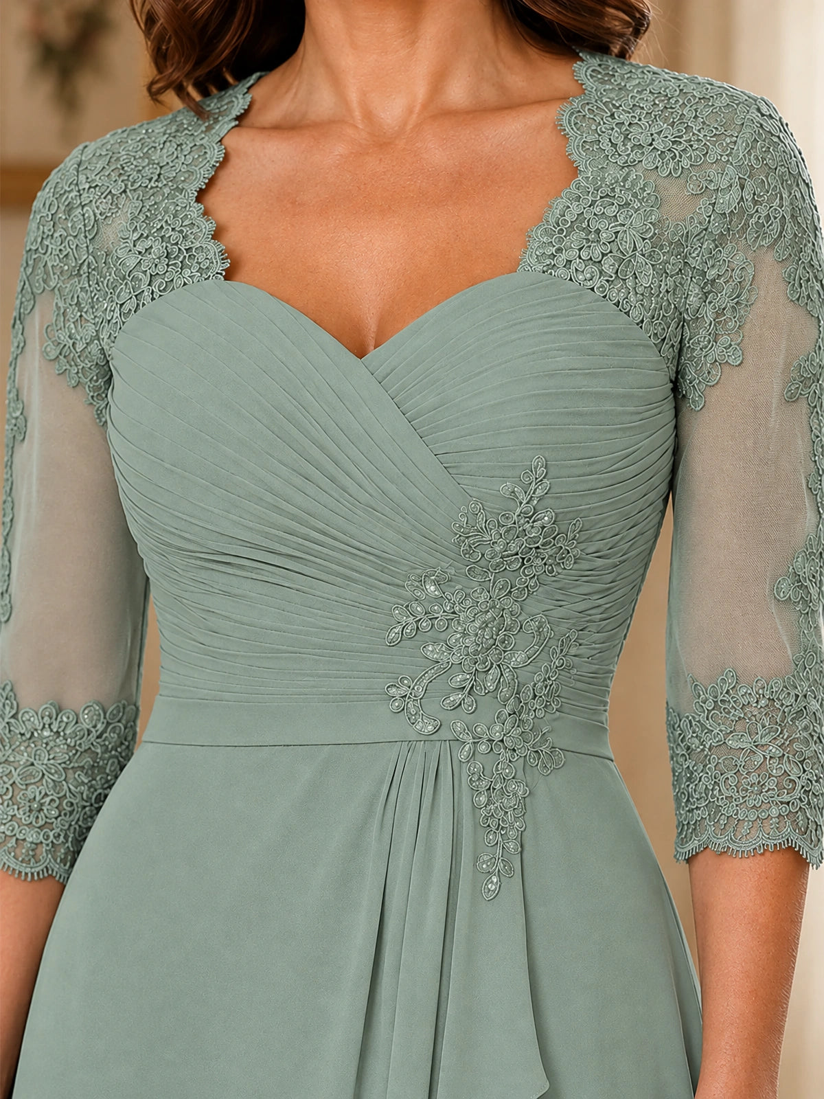 Chiffon Lace Applique Mother of the Bride Dress with 3/4 Sleeves