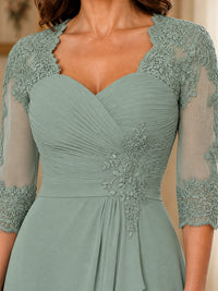 Chiffon Lace Applique Mother of the Bride Dress with 3/4 Sleeves