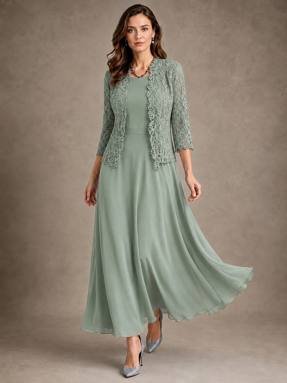 2-Piece Chiffon Mother of the Bride Dress with Lace Jacket