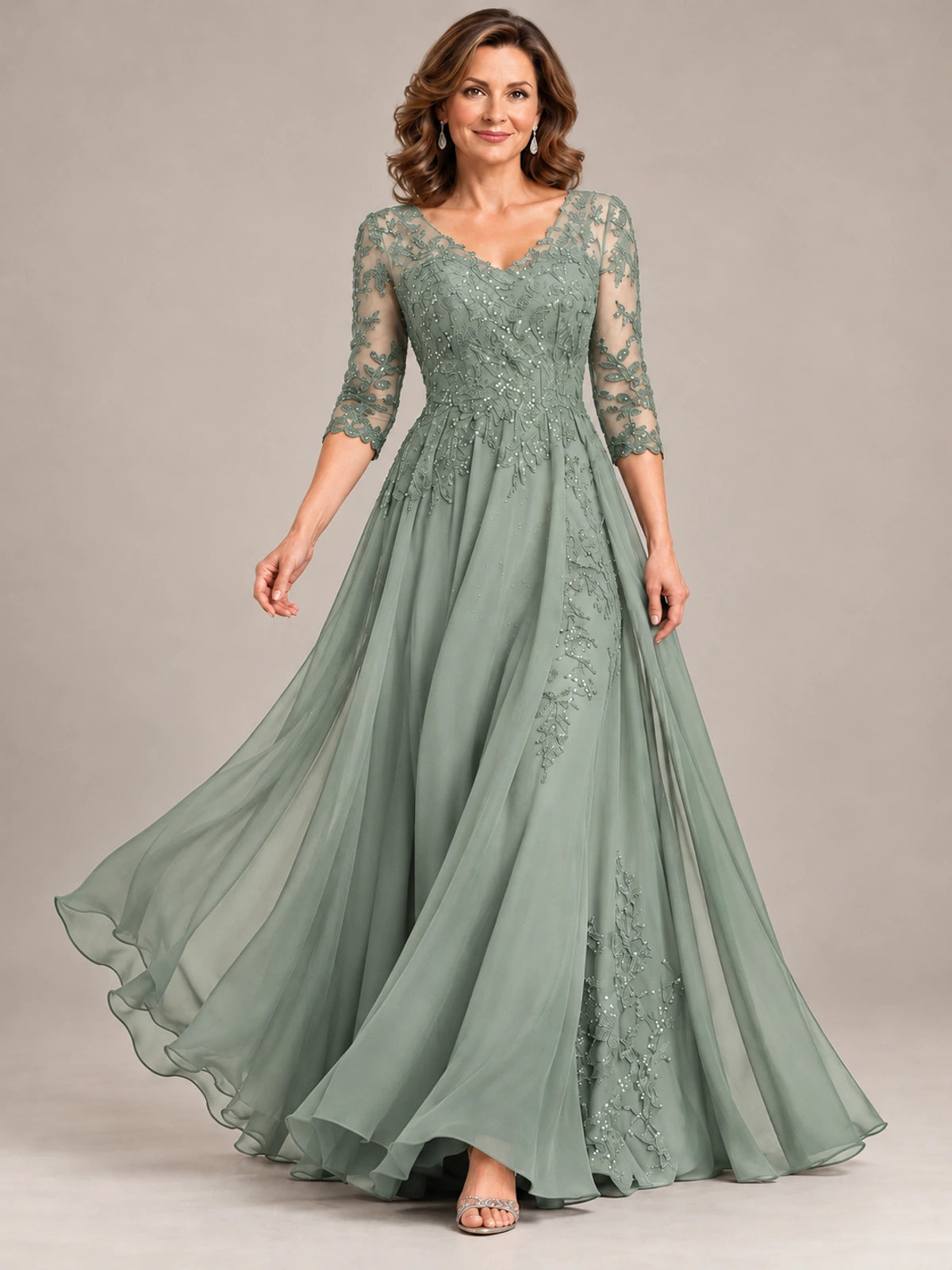 Sequin Lace A-Line Mother of the Bride Dress with 3/4 Sleeves