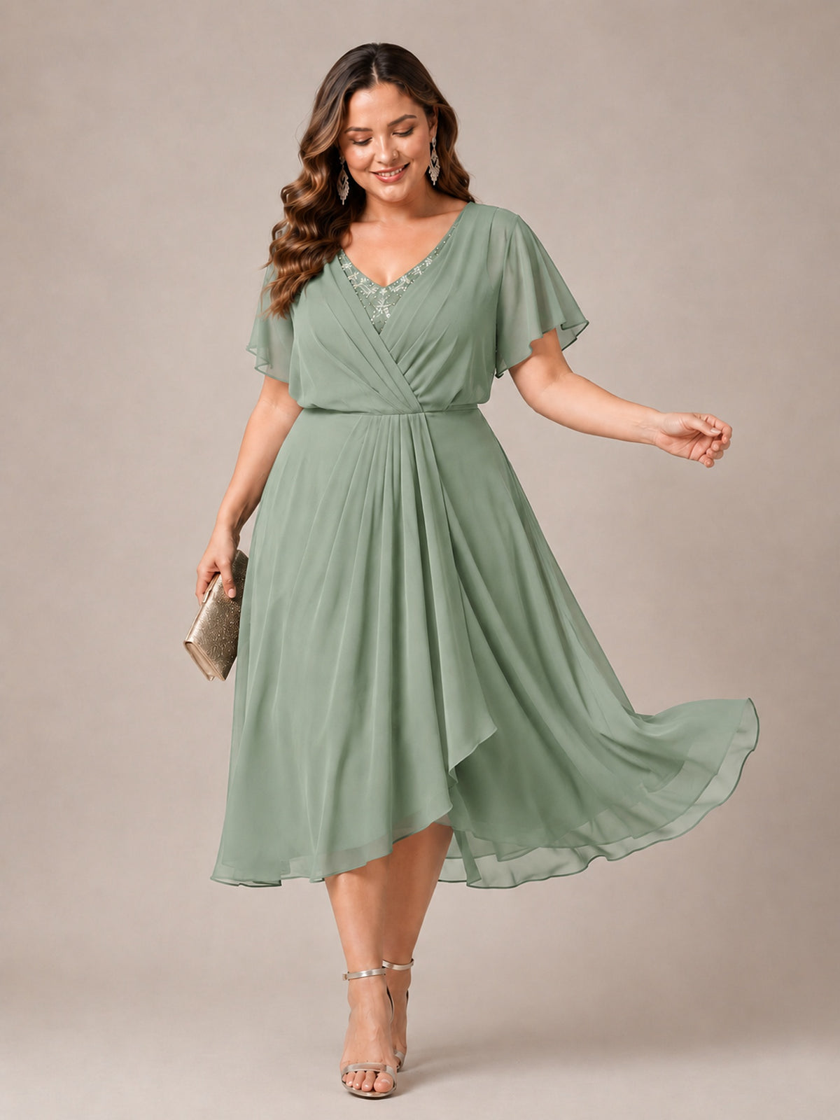 Navy Blue A-Line V-Neck Tea-Length Mother of the Bride Dress
