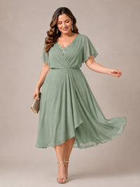 Navy Blue A-Line V-Neck Tea-Length Mother of the Bride Dress