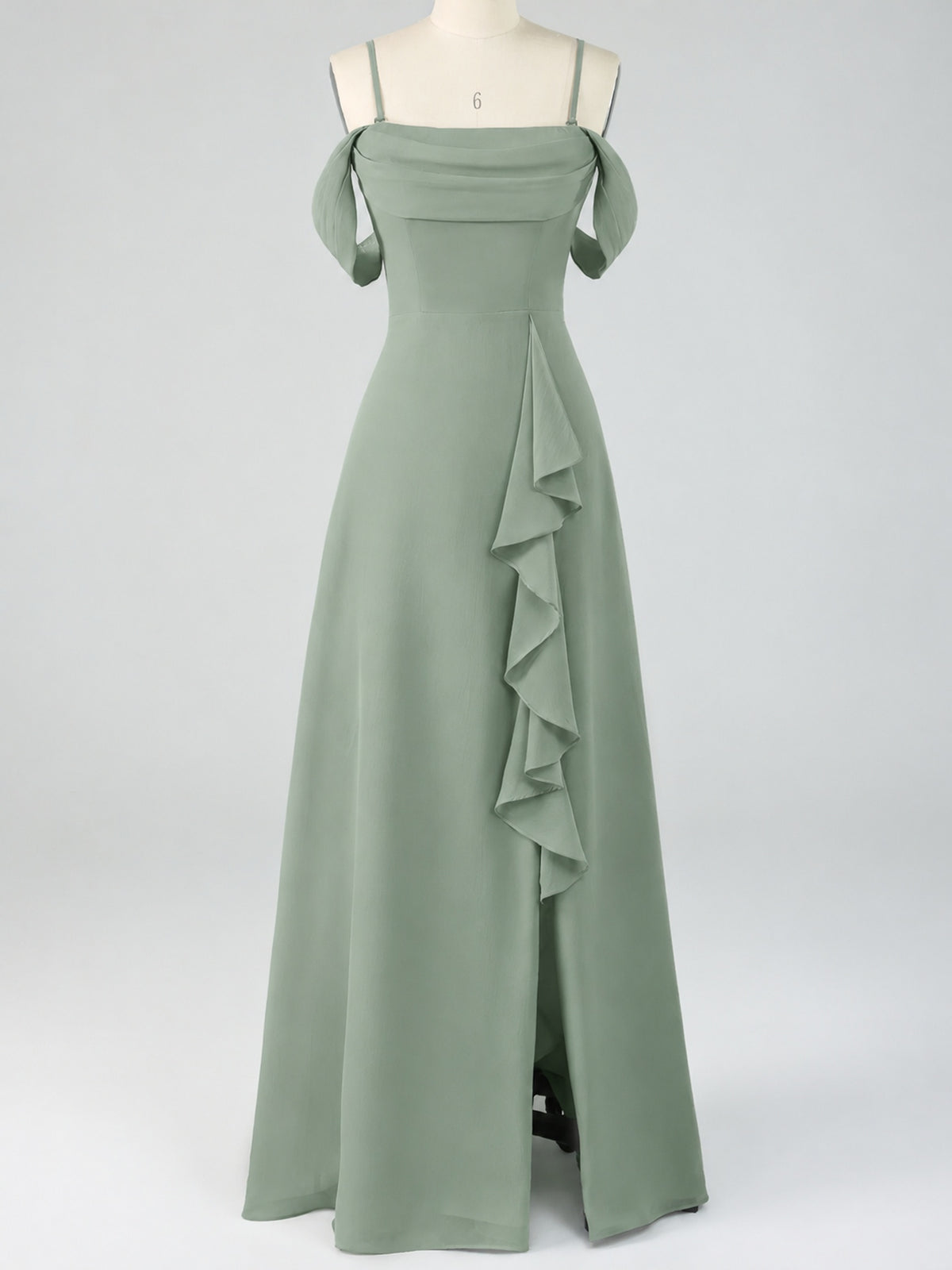 Spaghetti Strap Chiffon Bridesmaid Dress with Ruffles Slit