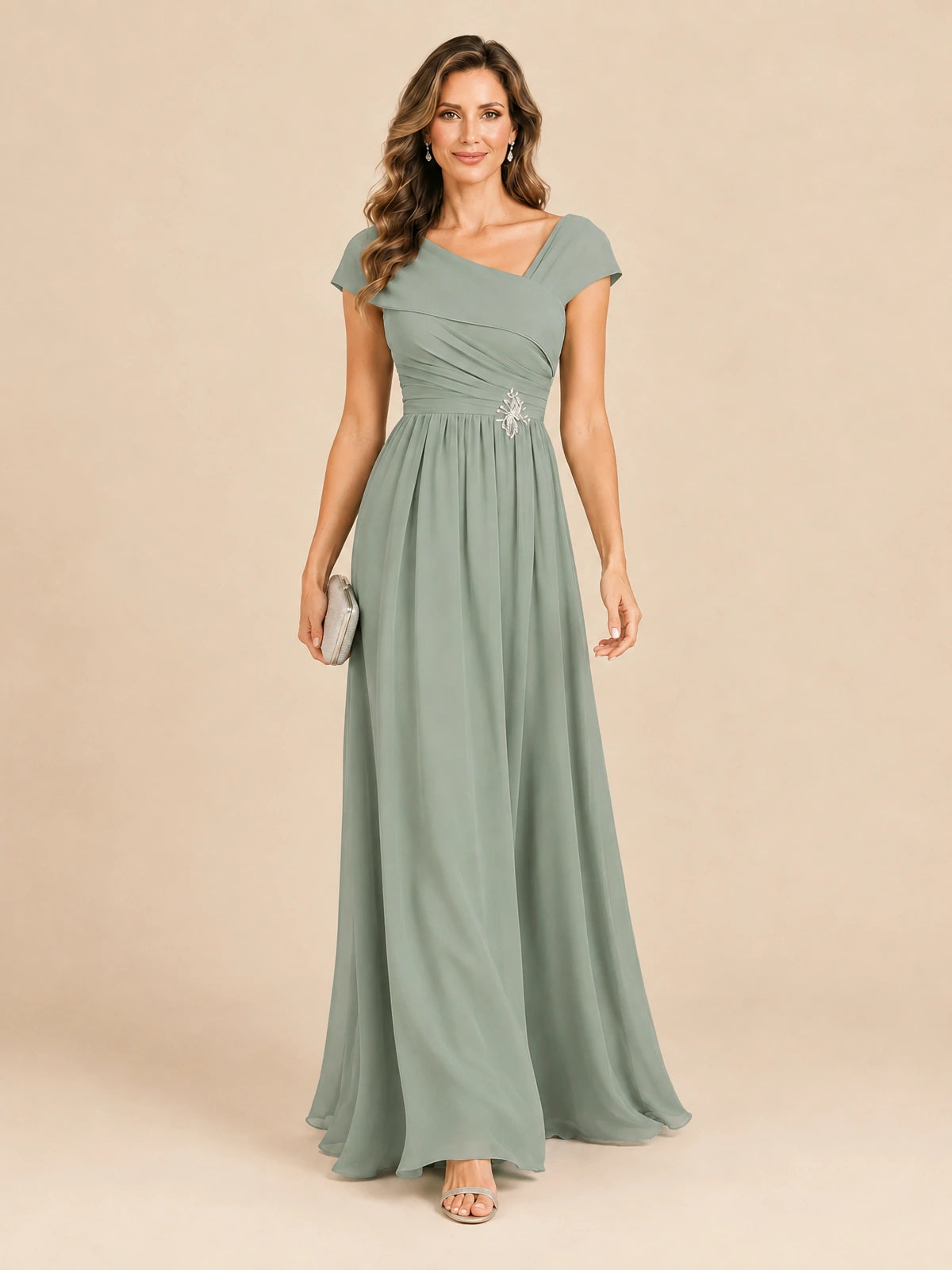 Cap Sleeve Mother of The Bride Dresses Long Chiffon Formal Gowns
