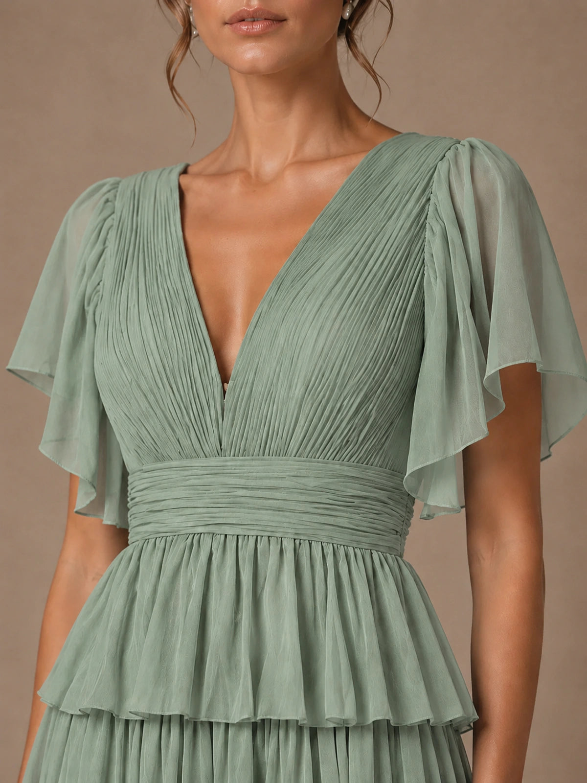 Chiffon V-Neck Tiered Ruffle Bridesmaid Dress with Slit