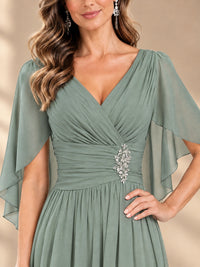 Ruched V Neck Mother of The Bride Dresses with Shawls Appliques and Cap Sleeves