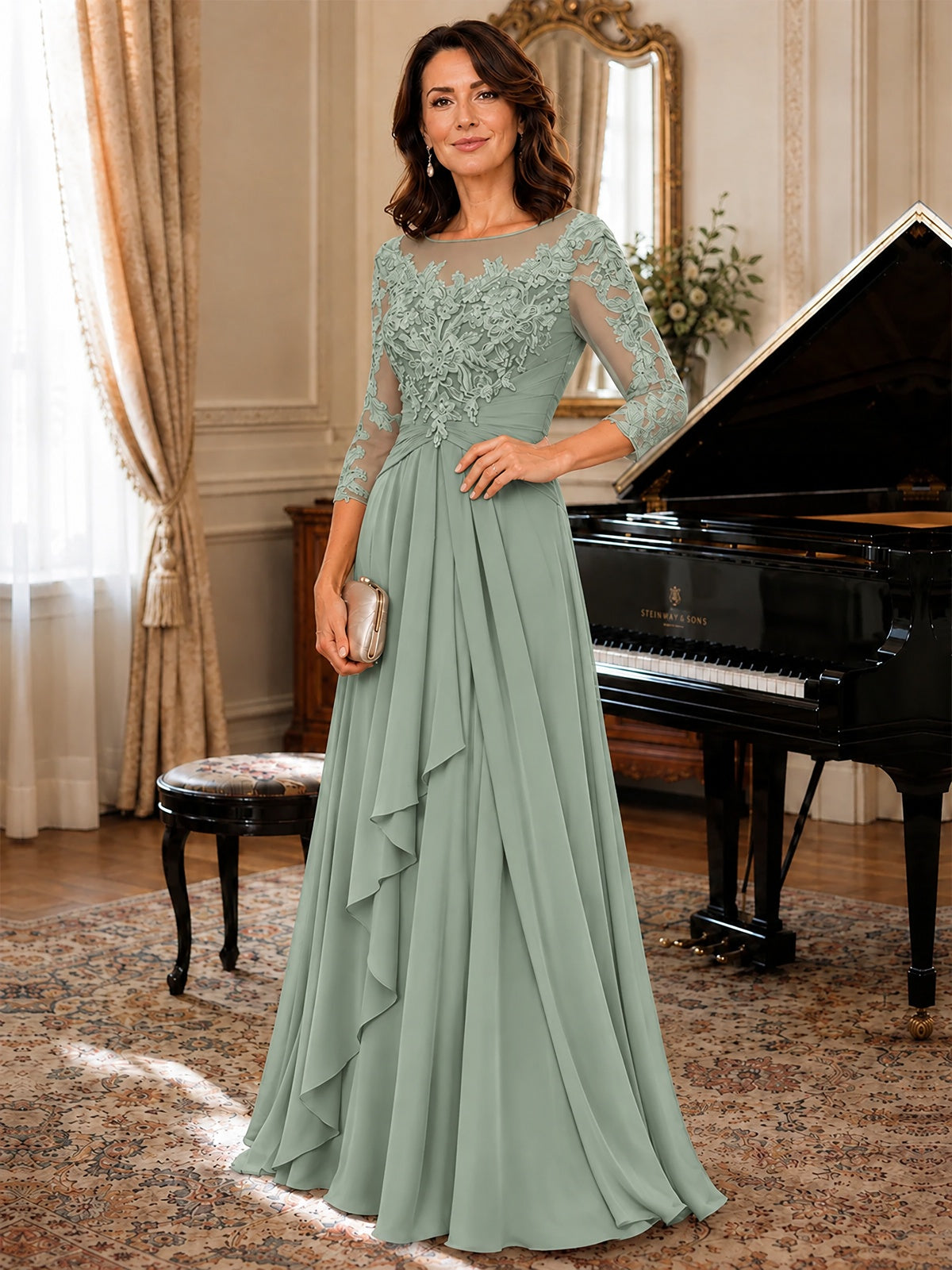 A-Line Chiffon Mother of the Bride Dress with Floral Applique 3/4 Sleeves